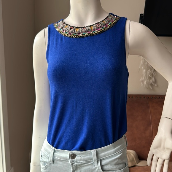 Eight Sixty Royal Blue Blouse with Embellished Neckline - Picture 1 of 5
